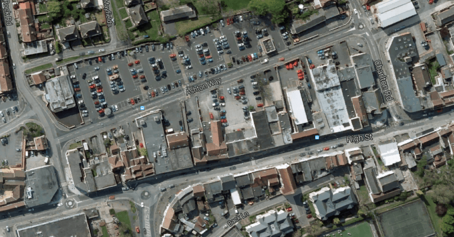 Keynsham High Street showing Ashton Way behind it