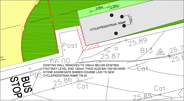 A single bollard set 5m back from exit on a 3m wide path...oh wait.