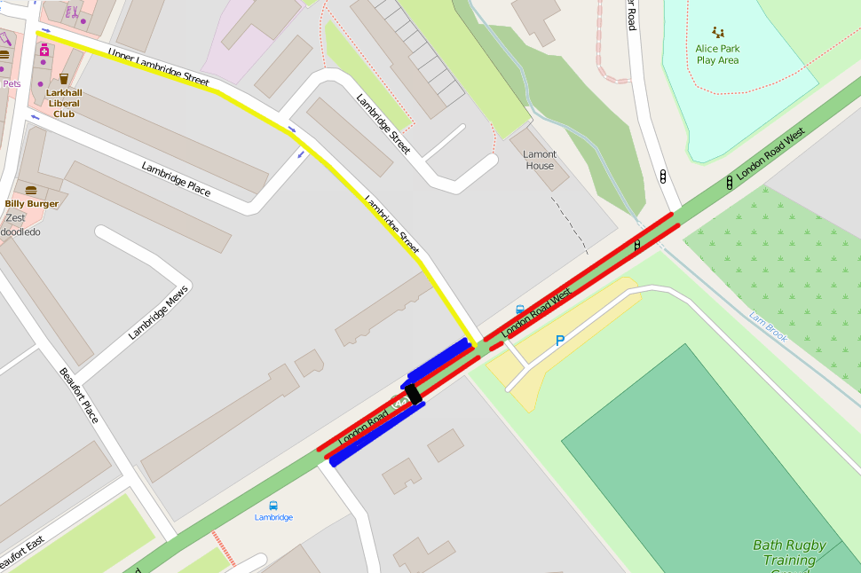 Lambridge to Grosvenor Bridge and London Road layout. Red = Protected cycle lane, Blue = widened shared path, Black = Toucan, Yellow = Cycle Contraflow. Requires removal of 72.41m bus lane between Gloucester Road and Grosvenor Bridge Road
