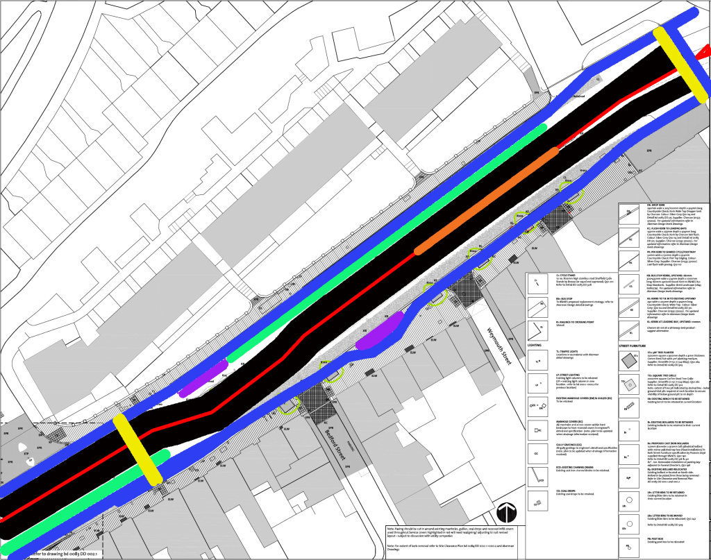London Road - Black = road, yellow = pedestrian crossing, blue = protected cycle track, green = parking, orange = space for safe island.