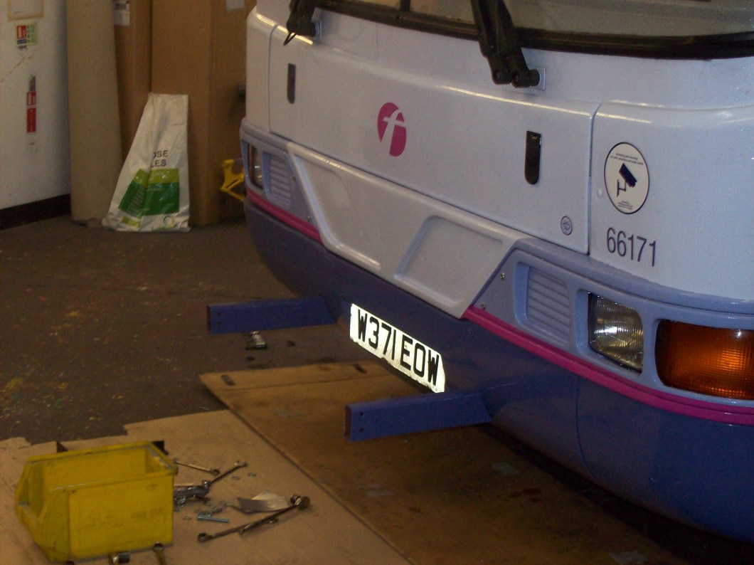Bumper in place with mounting points. Note that this is a refurbished old bus.