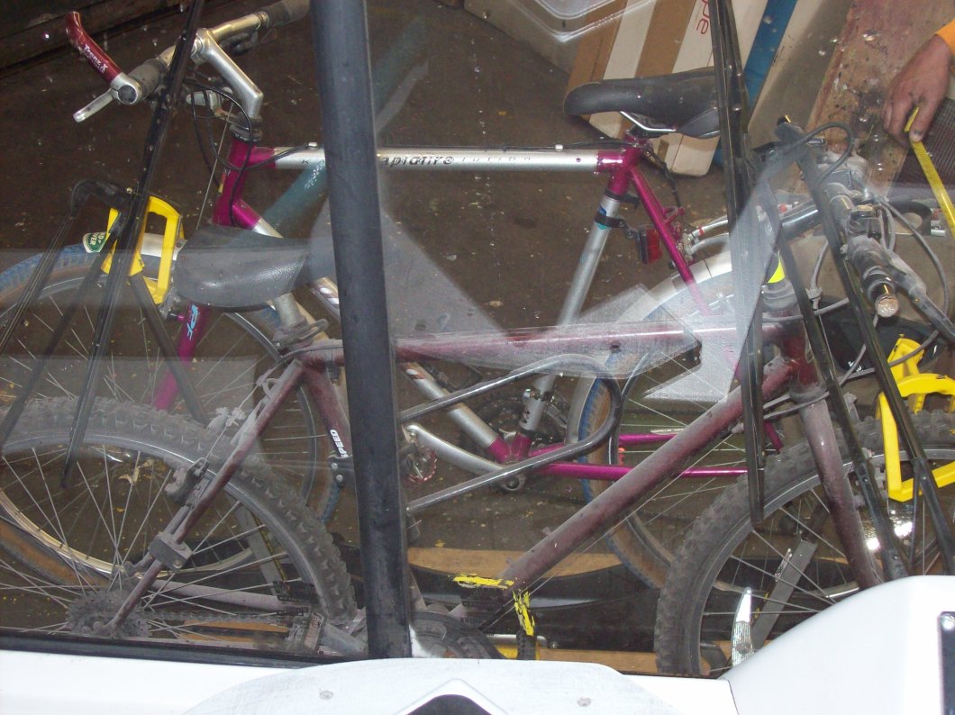 The view looking from the inside of the bus.