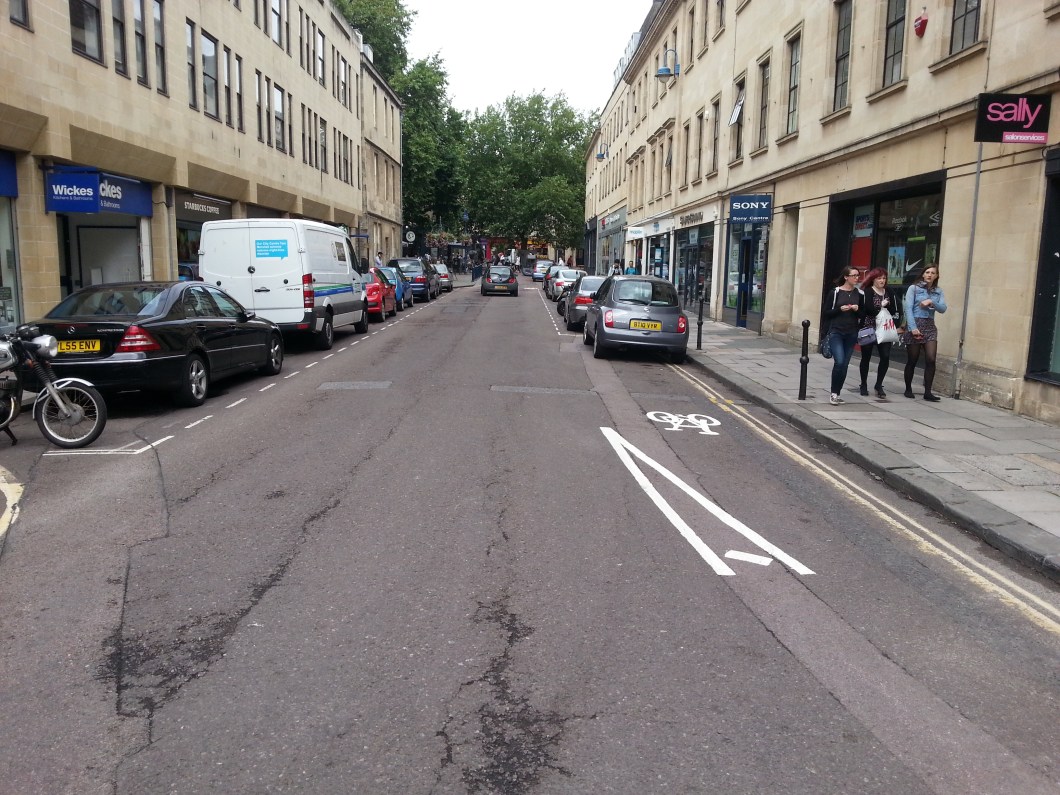 Avon Street Cycle Contraflow almost clearly marked. Again missed opportunity to create a cycle track protected by parking.