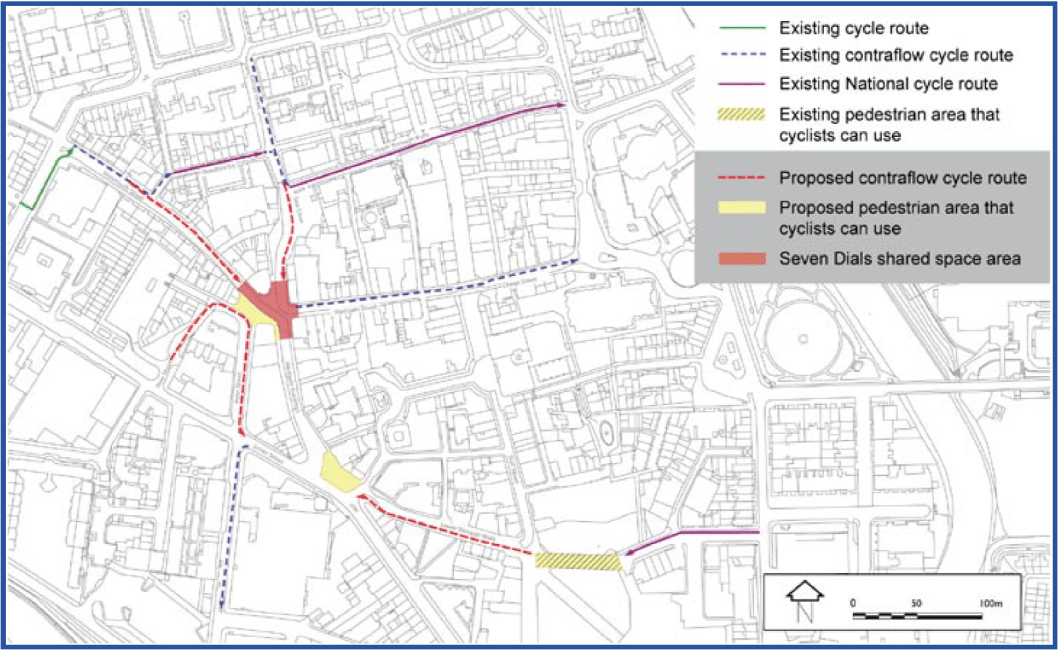 The plan of the work. Note that Monmouth Street and New Street contraflows are not implemented. All contraflows are also poorly identified which will cause unnecessary conflict between cyclists and pedestrians.