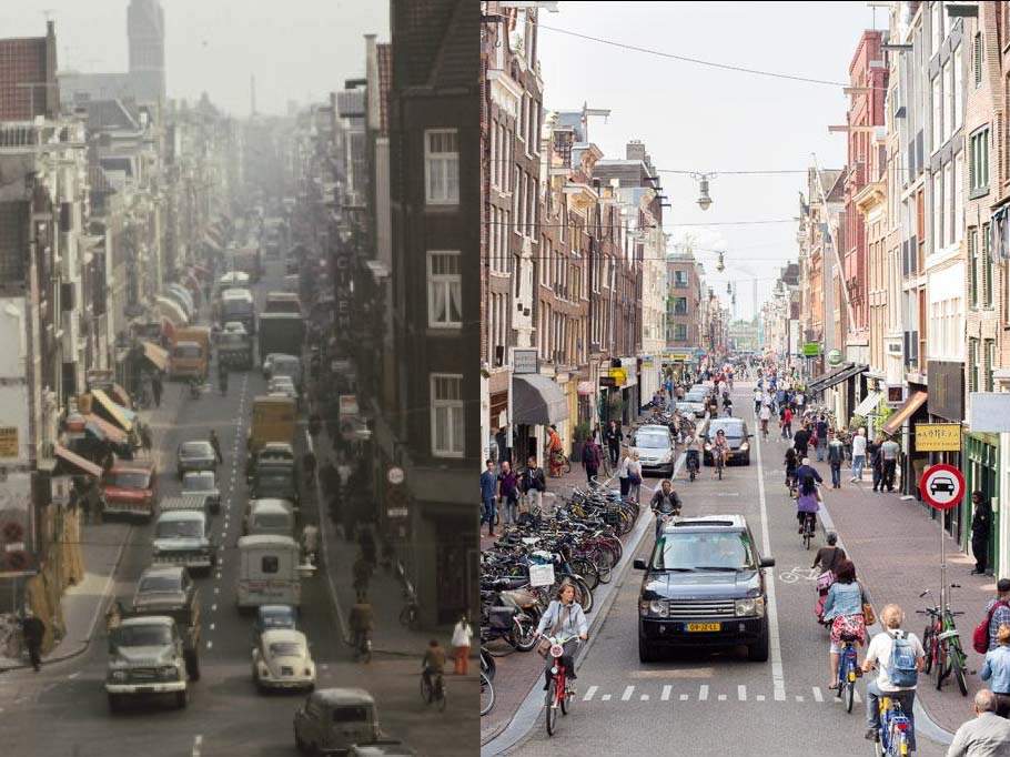 Amsterdam Street 1970s vs now. Note the pavement cycling in the picture on the left.