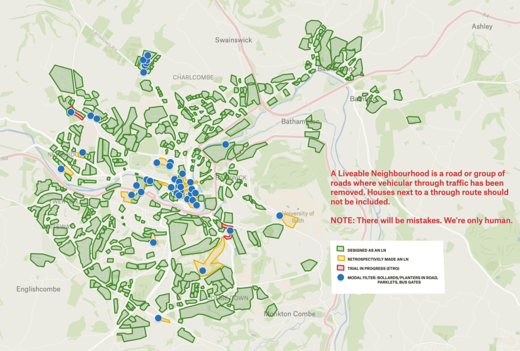 Map showing Bath with a lot of green areas, some yellow areas and blue dots on it, to show Liveable Neighbourhoods in the area.