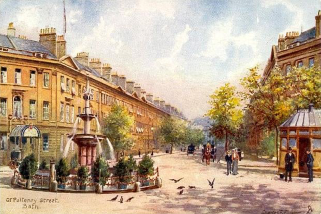 Old picture of Laura Place showing streets lined with trees and no vehicles parked